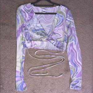 Purple Long Sleeve Crop Top with Tie Front and V Neck